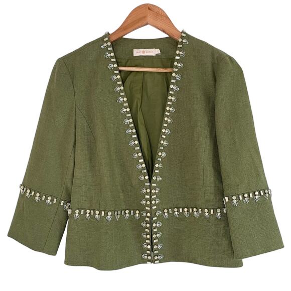 Tory Burch Embellished Avery Linen Boxy Jeweled Crop Jacket Green Silver US 6 - Picture 2 of 11